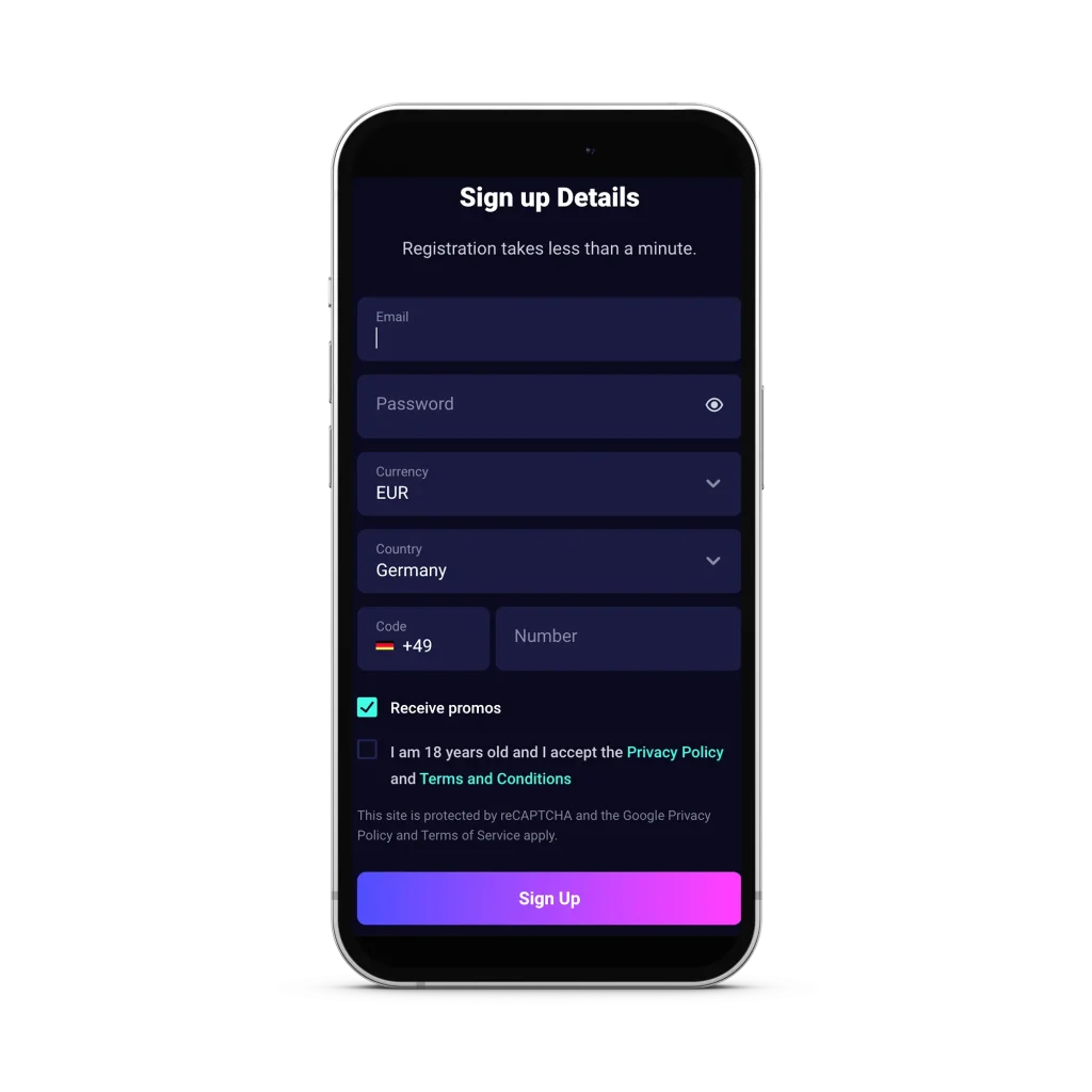 Mobile sign up form Lucky7even Casino